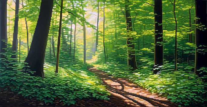 A tranquil forest with sunlight filtering through leaves, a winding path inviting exploration.