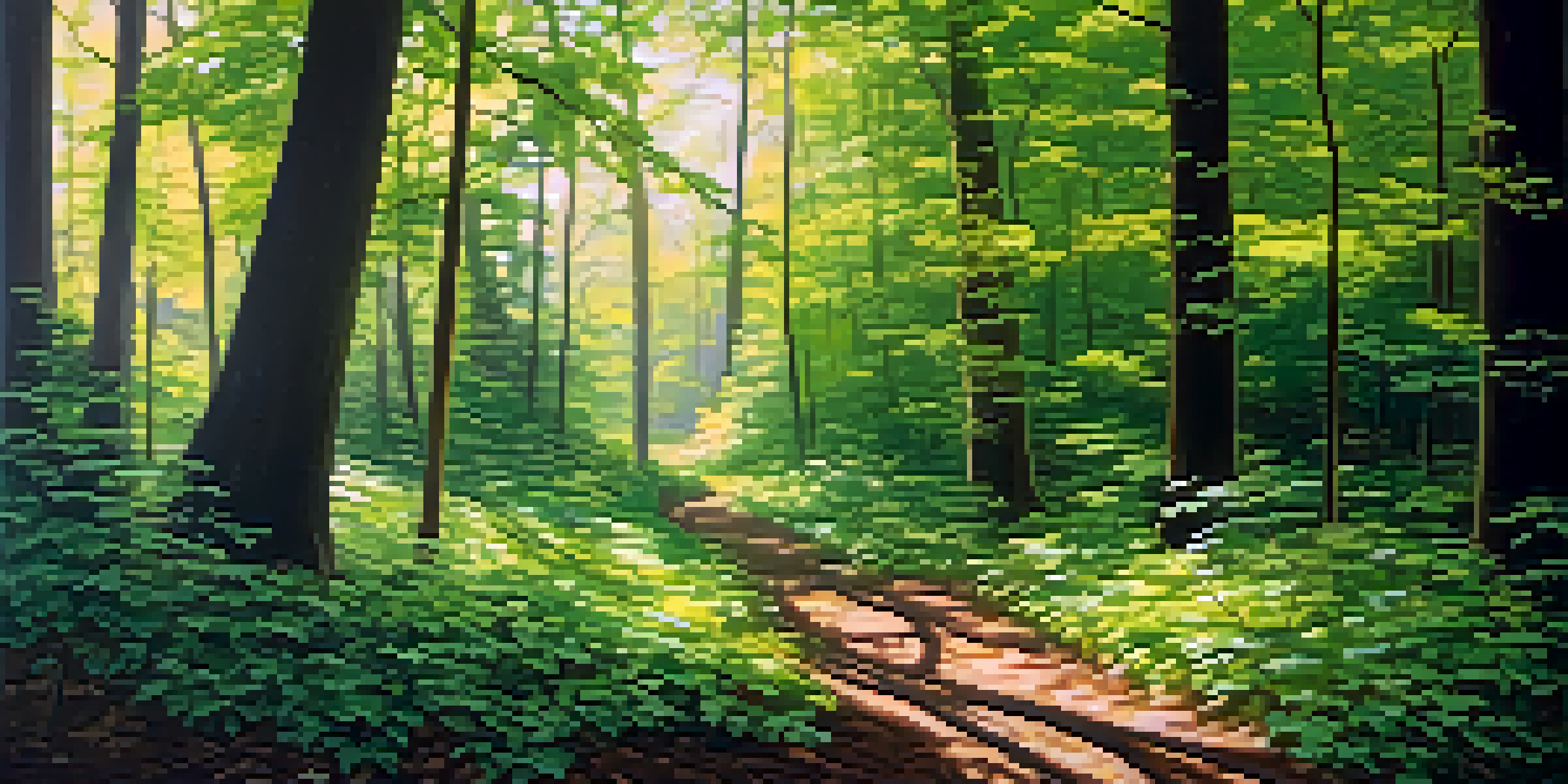 A tranquil forest with sunlight filtering through leaves, a winding path inviting exploration.