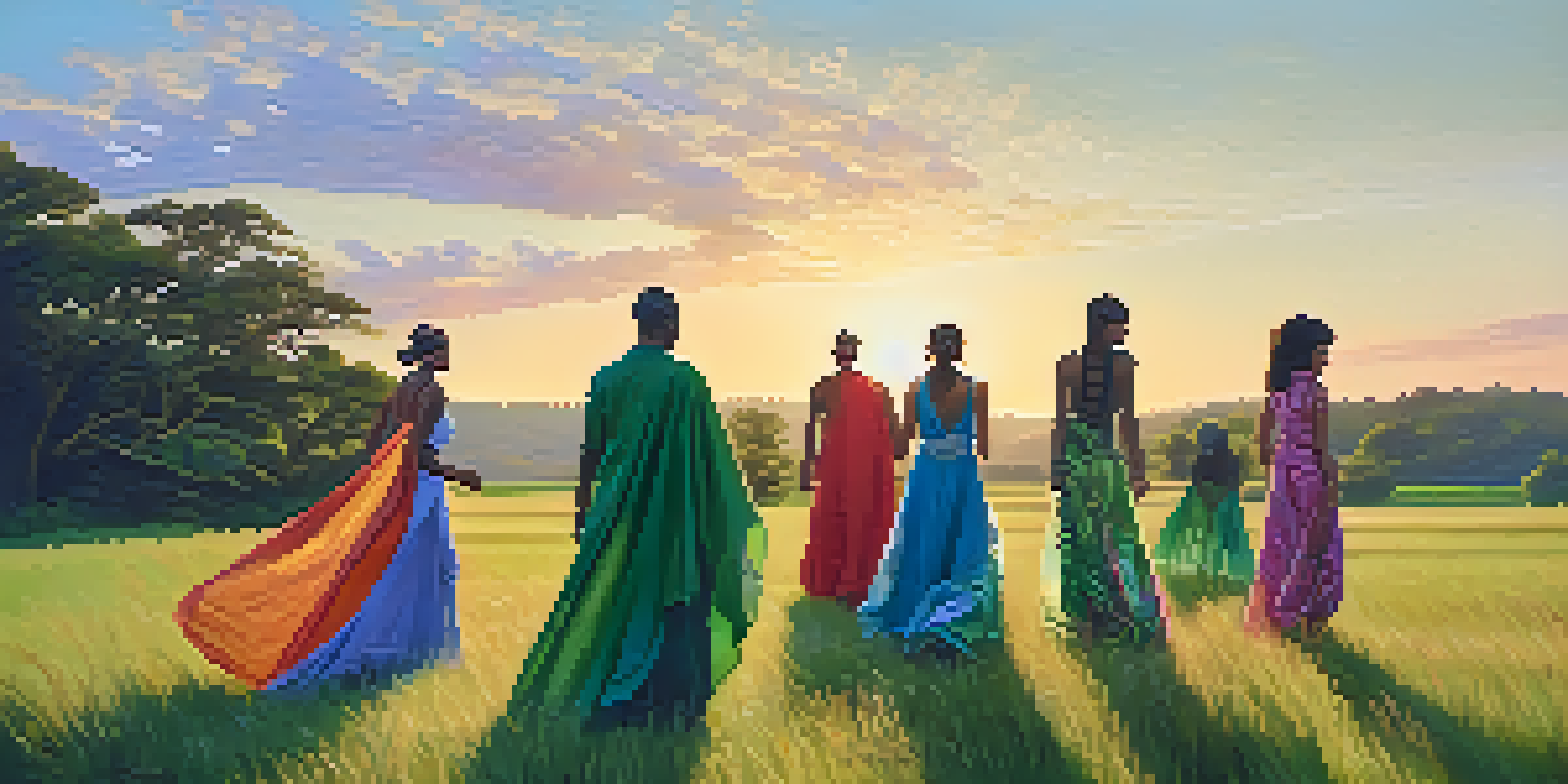 A diverse group of people in colorful garments standing in a green field at sunset, celebrating individuality and gender identity.