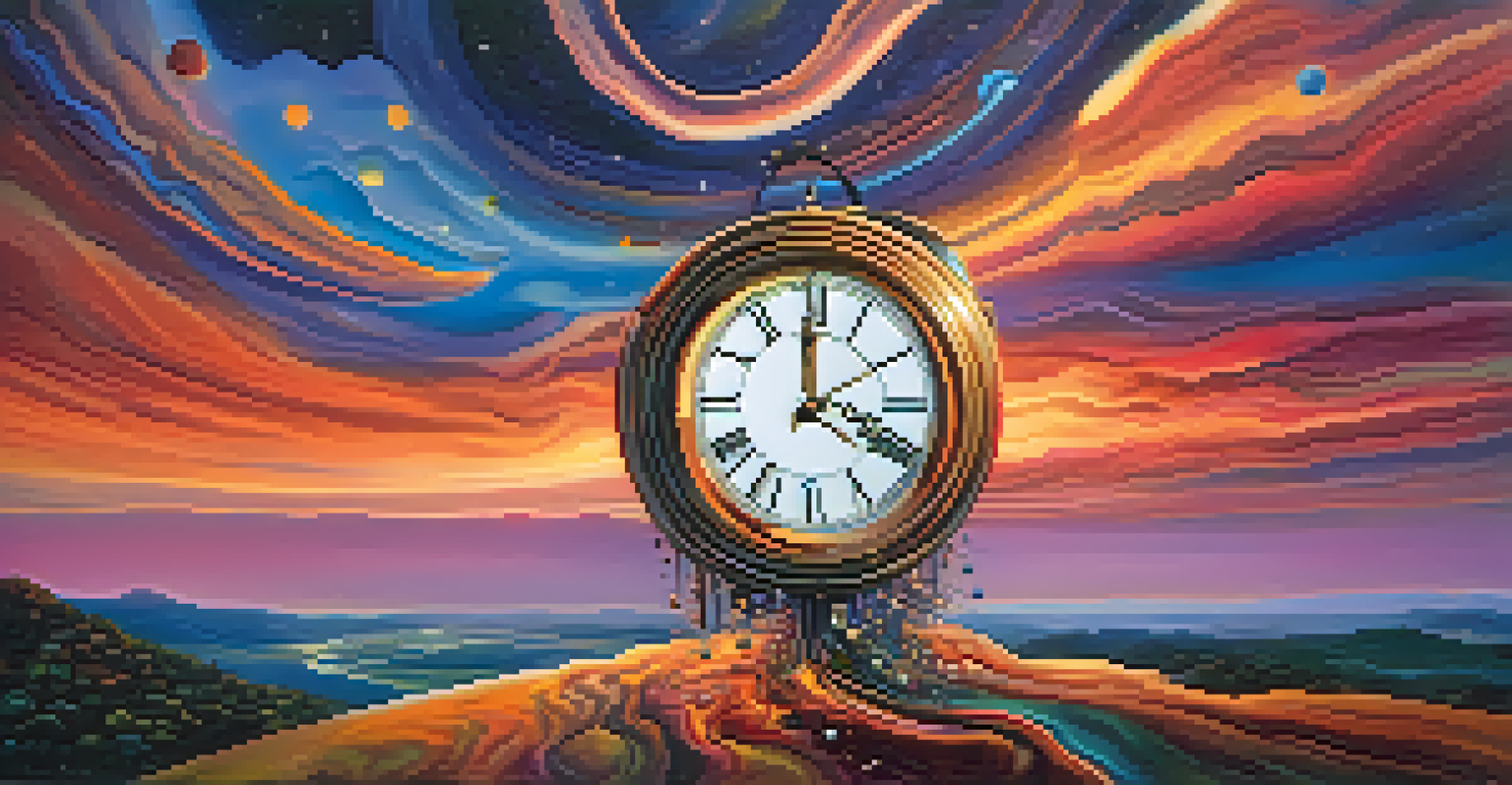 An abstract melting clock over a colorful landscape, illustrating the concept of fluid time perception under a starry twilight sky.