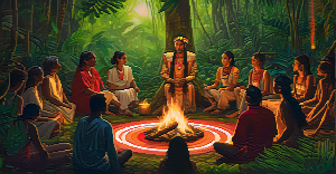 A group of diverse individuals gathered around a glowing fire in an Amazon rainforest during an Ayahuasca ceremony, dressed in traditional garments and surrounded by lush greenery and colorful flowers.