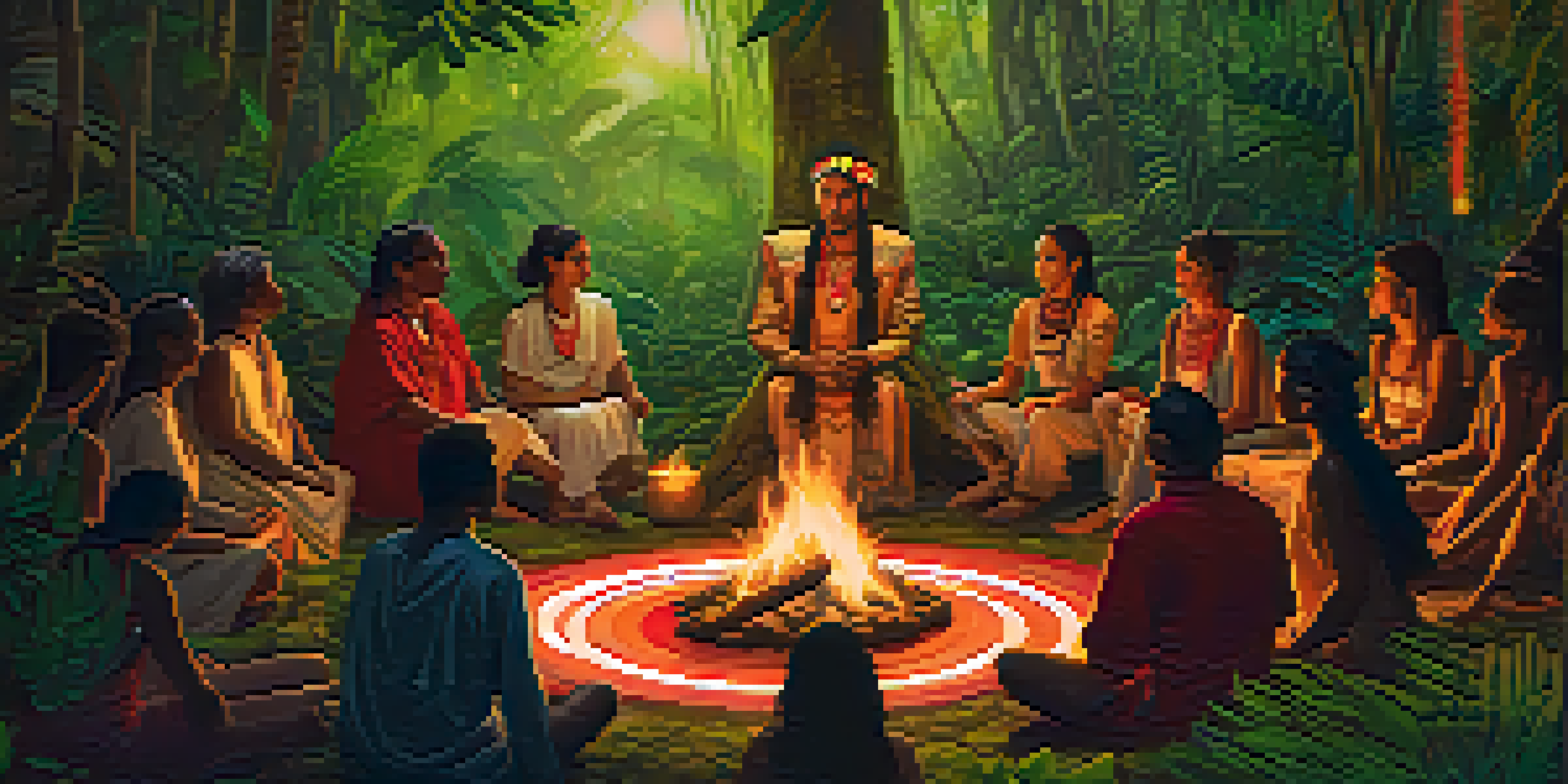 A group of diverse individuals gathered around a glowing fire in an Amazon rainforest during an Ayahuasca ceremony, dressed in traditional garments and surrounded by lush greenery and colorful flowers.