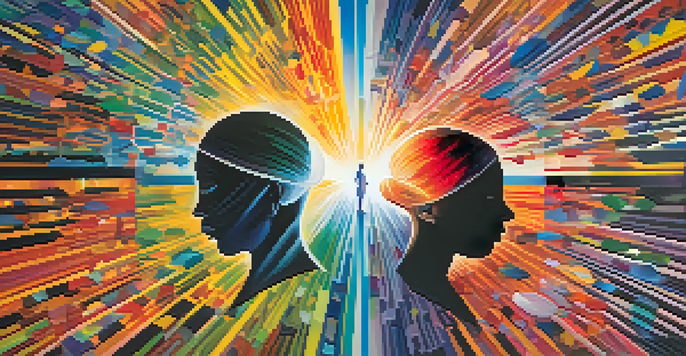 Abstract image representing empathy with intertwined silhouettes and vibrant colors.