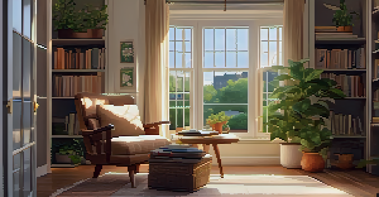 A cozy reading nook by a window with an armchair, books, and plants, bathed in soft sunlight.