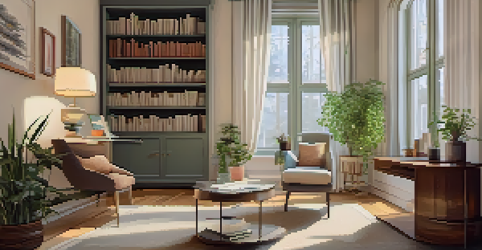 A cozy therapist's office with natural light, a comfortable chair, calming decor, and a bookshelf.