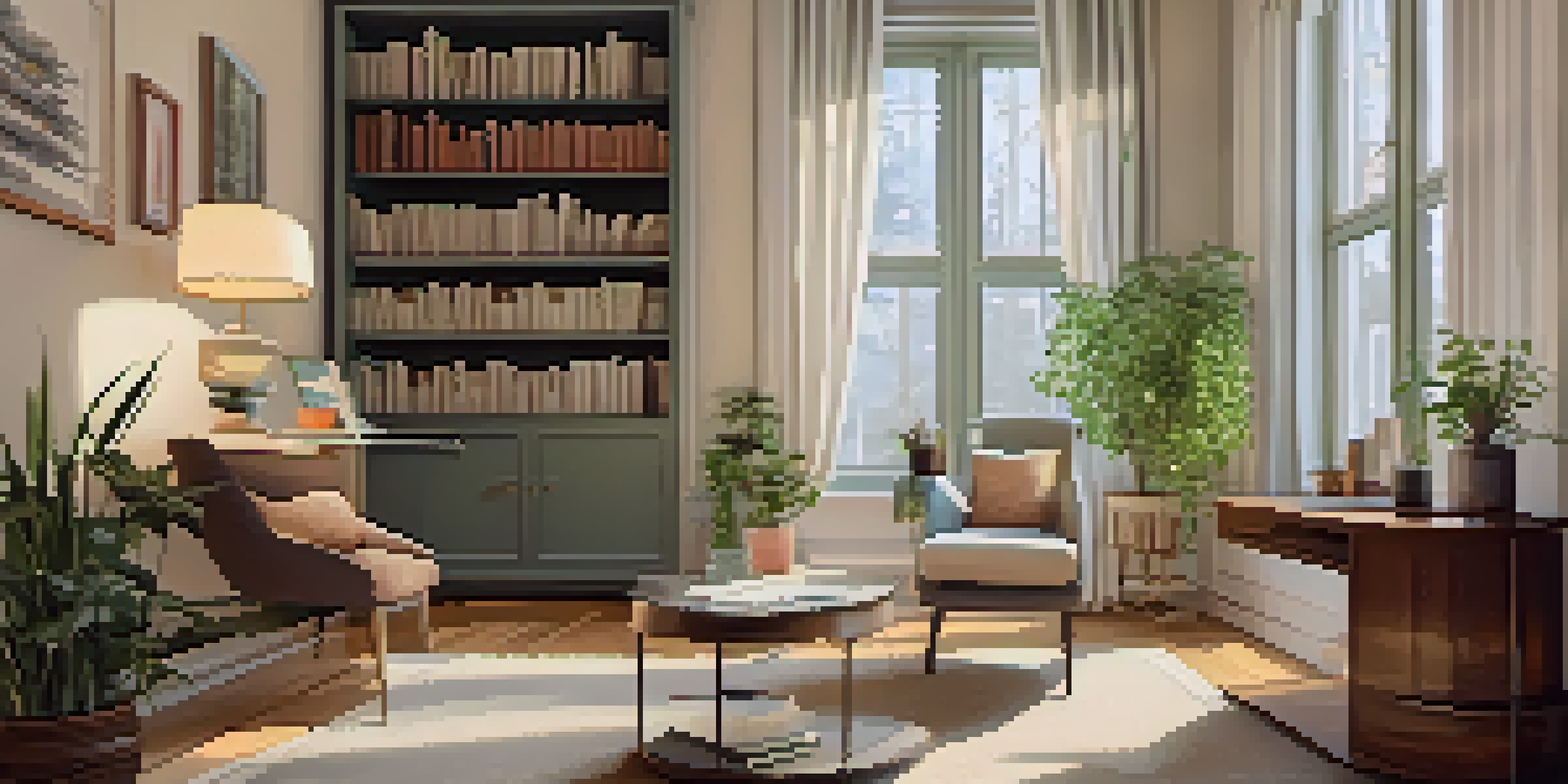 A cozy therapist's office with natural light, a comfortable chair, calming decor, and a bookshelf.