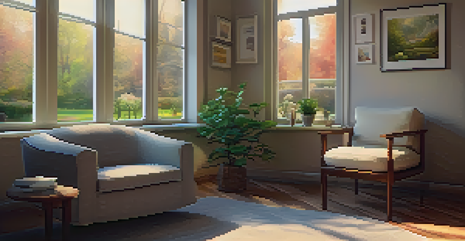 A cozy therapy room with warm lighting, an armchair, a cup of tea, and calming artwork on the walls.