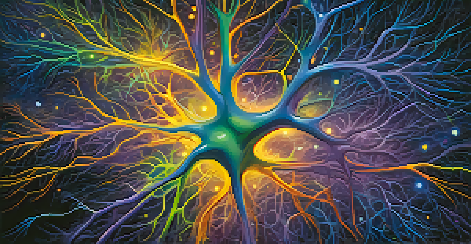 An abstract image showing colorful neurons firing in a brain against a deep blue and purple background.