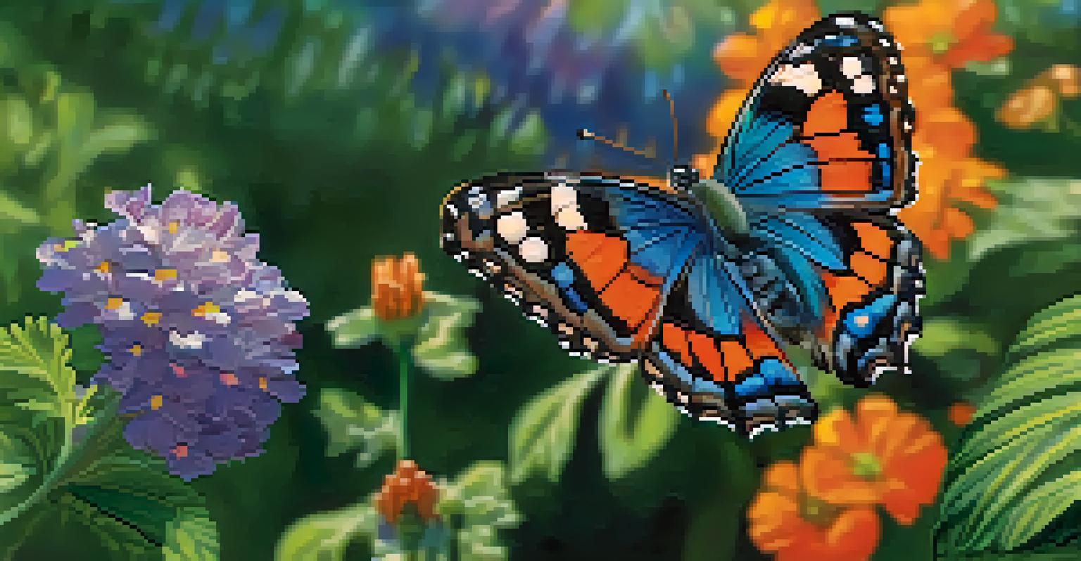 A colorful butterfly perched on a flower, with detailed wing patterns illuminated by sunlight.