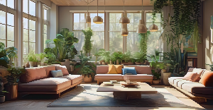 A cozy indoor space with soft lighting and comfortable seating, decorated with plants and calming artwork.