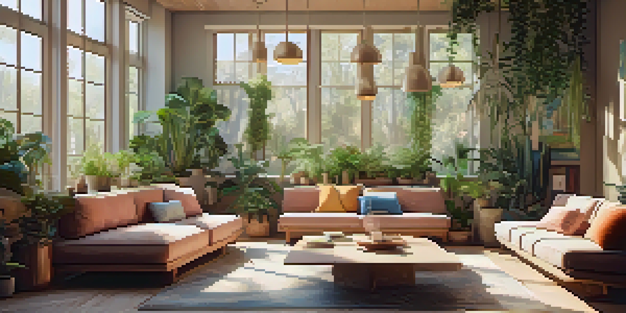 A cozy indoor space with soft lighting and comfortable seating, decorated with plants and calming artwork.