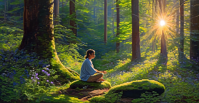 A peaceful forest with sunlight filtering through the trees, a person meditating on a mossy rock surrounded by flowers.