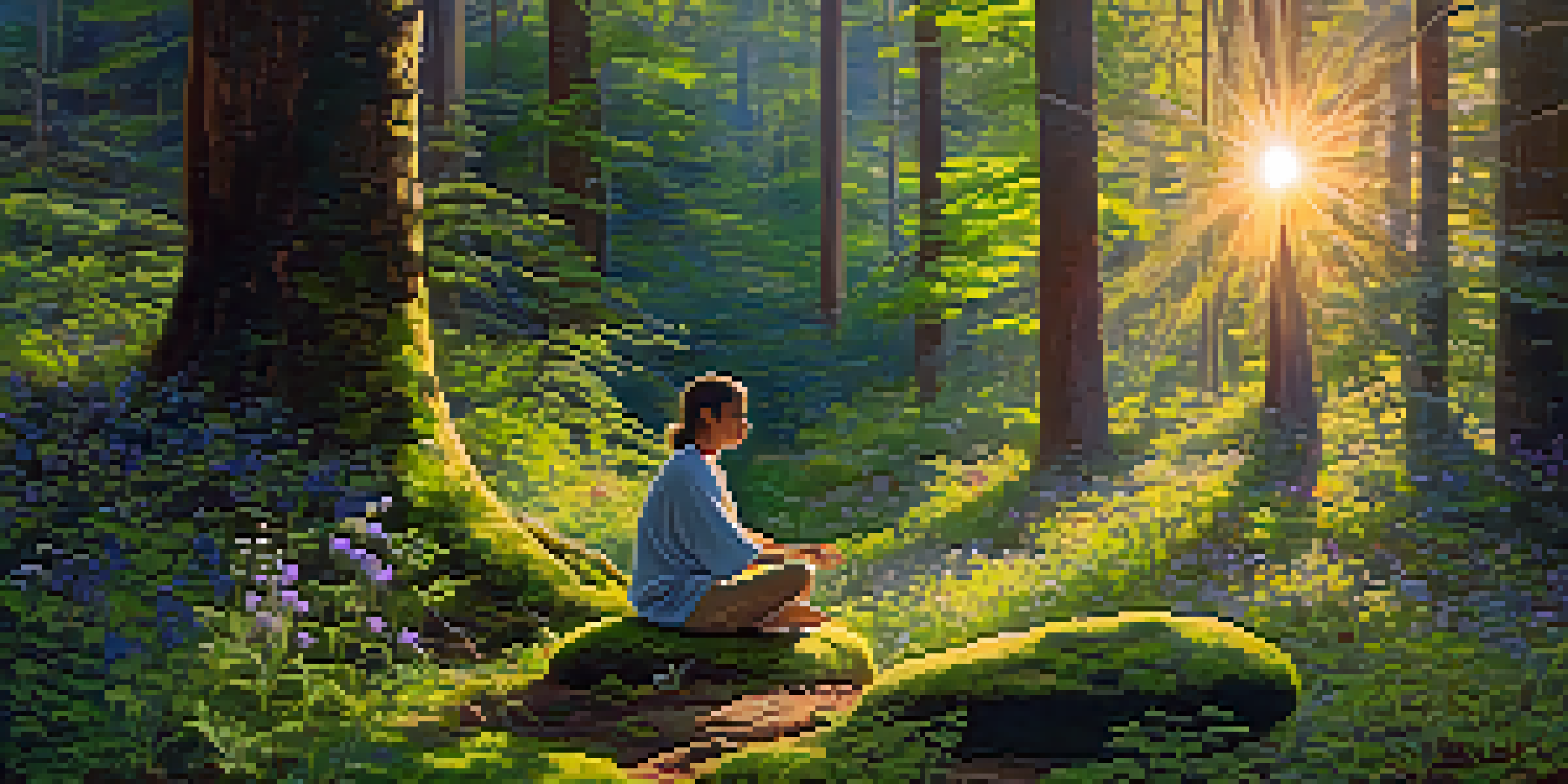 A peaceful forest with sunlight filtering through the trees, a person meditating on a mossy rock surrounded by flowers.
