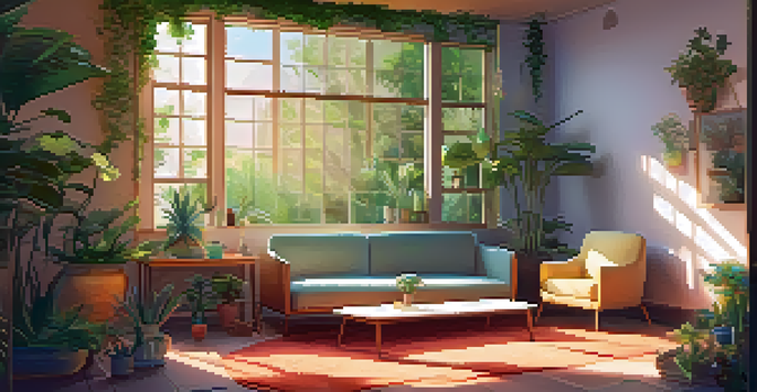 A calming therapy room with a therapist guiding a patient, surrounded by plants and warm lighting.