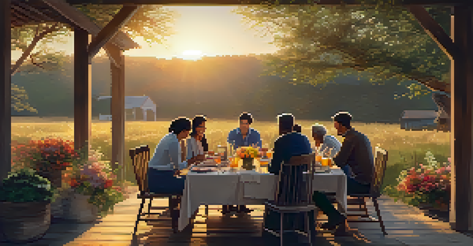 A cozy outdoor dinner scene at sunset with a group of people sharing a meal at a rustic table, surrounded by candles and flowers, radiating warmth and connection.