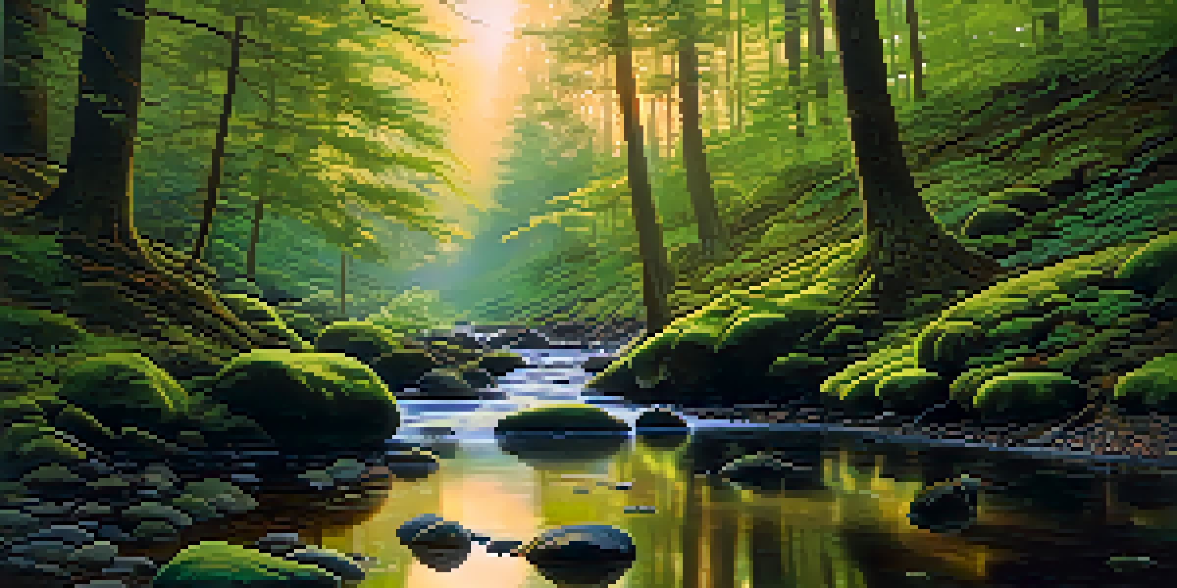 A lush forest at dawn with sunlight filtering through leaves and a tranquil stream flowing over stones.