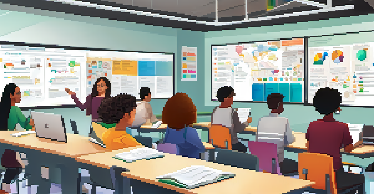 A diverse group of students in a bright classroom, working together with notebooks and digital devices, showcasing collaborative learning.