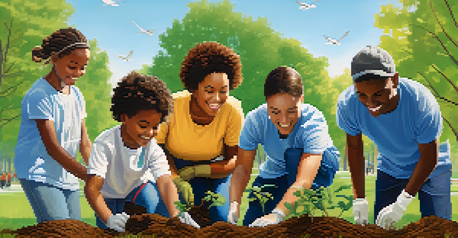 A diverse group of people planting trees in a park under a blue sky, showing teamwork and community spirit.