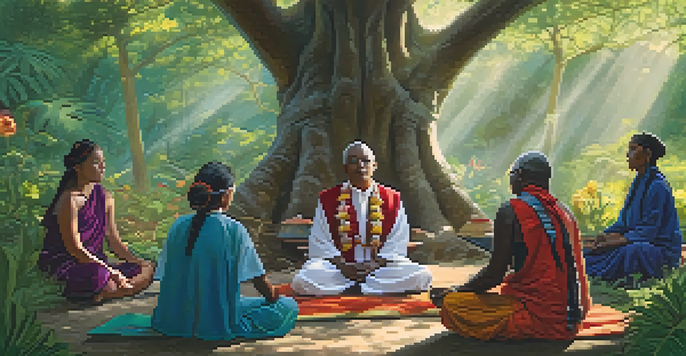 An indigenous healing ceremony in a forest with participants meditating around a traditional healer.