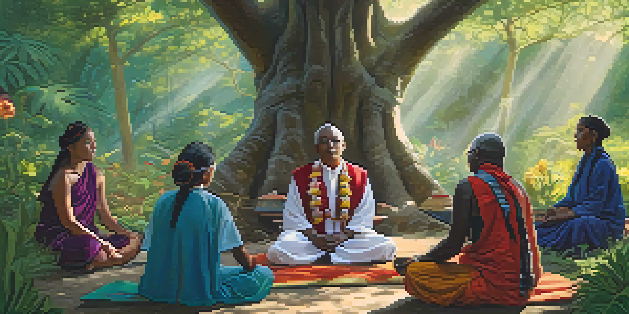 An indigenous healing ceremony in a forest with participants meditating around a traditional healer.