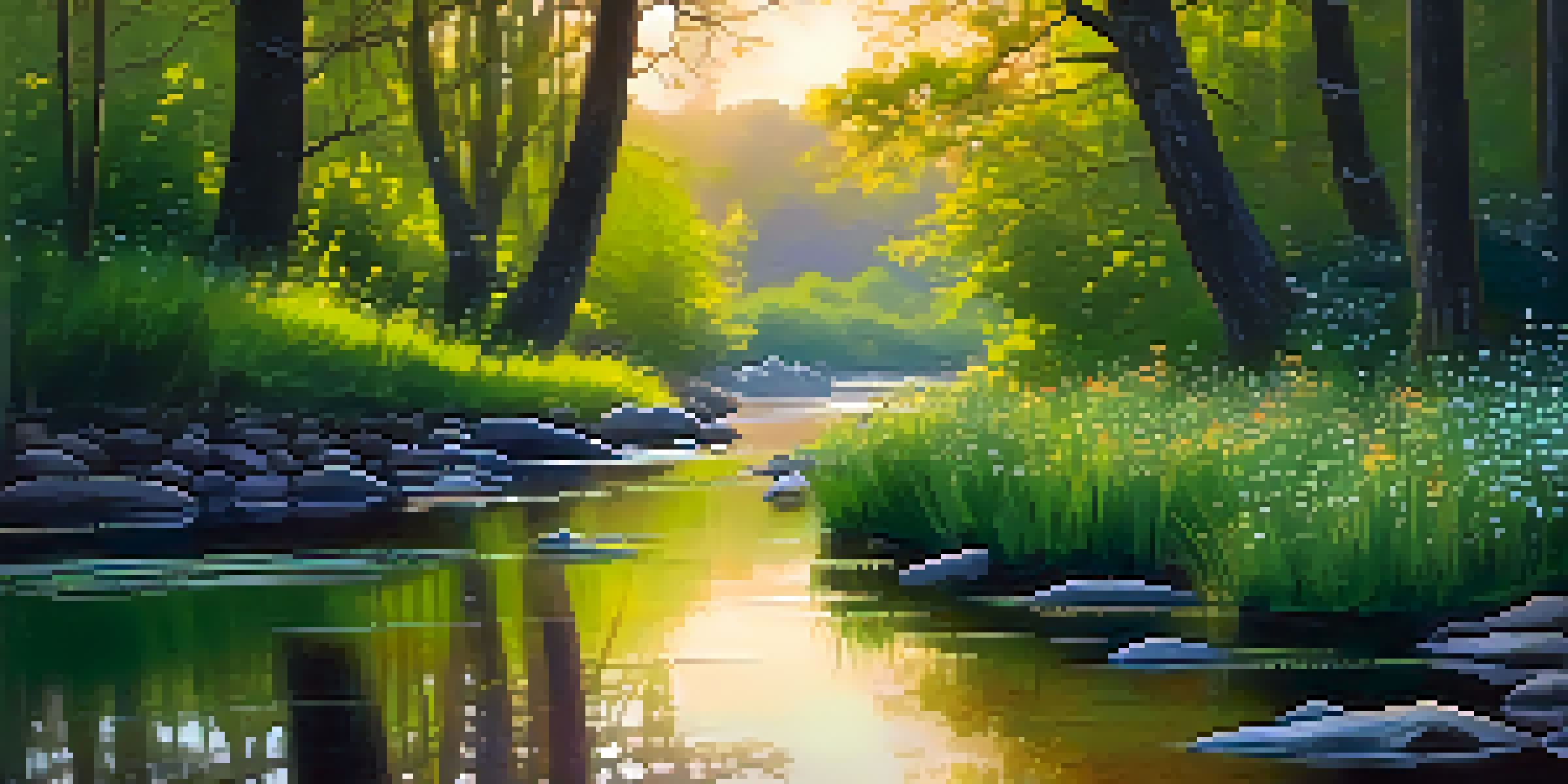 A tranquil forest at sunrise with golden light filtering through green leaves and a stream reflecting the warm colors.