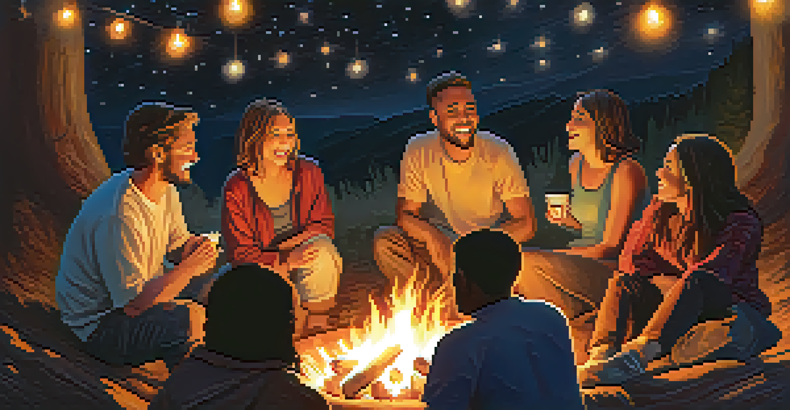 A diverse group of people sharing stories around a campfire under a starry night sky, with warm light illuminating their faces.