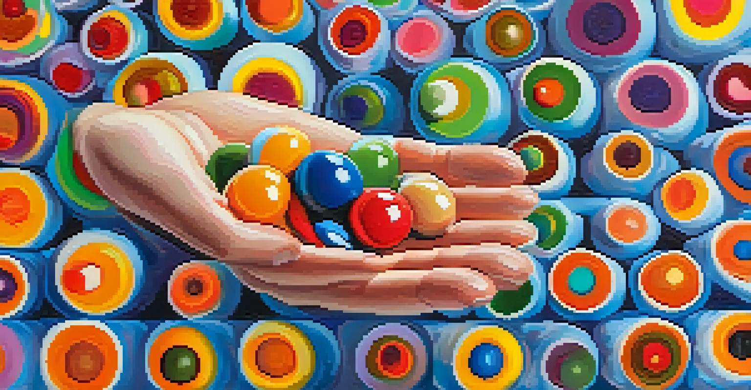 A close-up of colorful capsules in a hand, set against an abstract background symbolizing creativity.