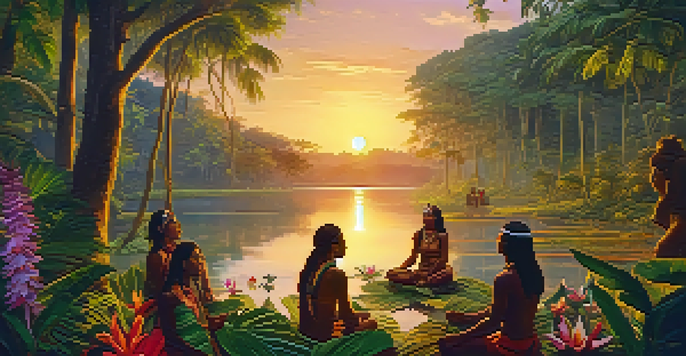 A tranquil Amazon rainforest at sunset, featuring Indigenous individuals involved in a traditional ritual amidst vibrant flora.