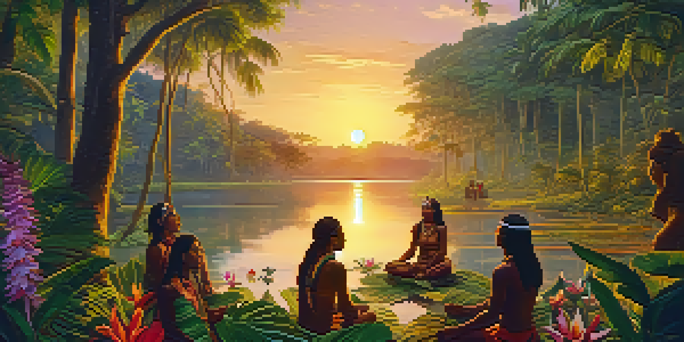 A tranquil Amazon rainforest at sunset, featuring Indigenous individuals involved in a traditional ritual amidst vibrant flora.