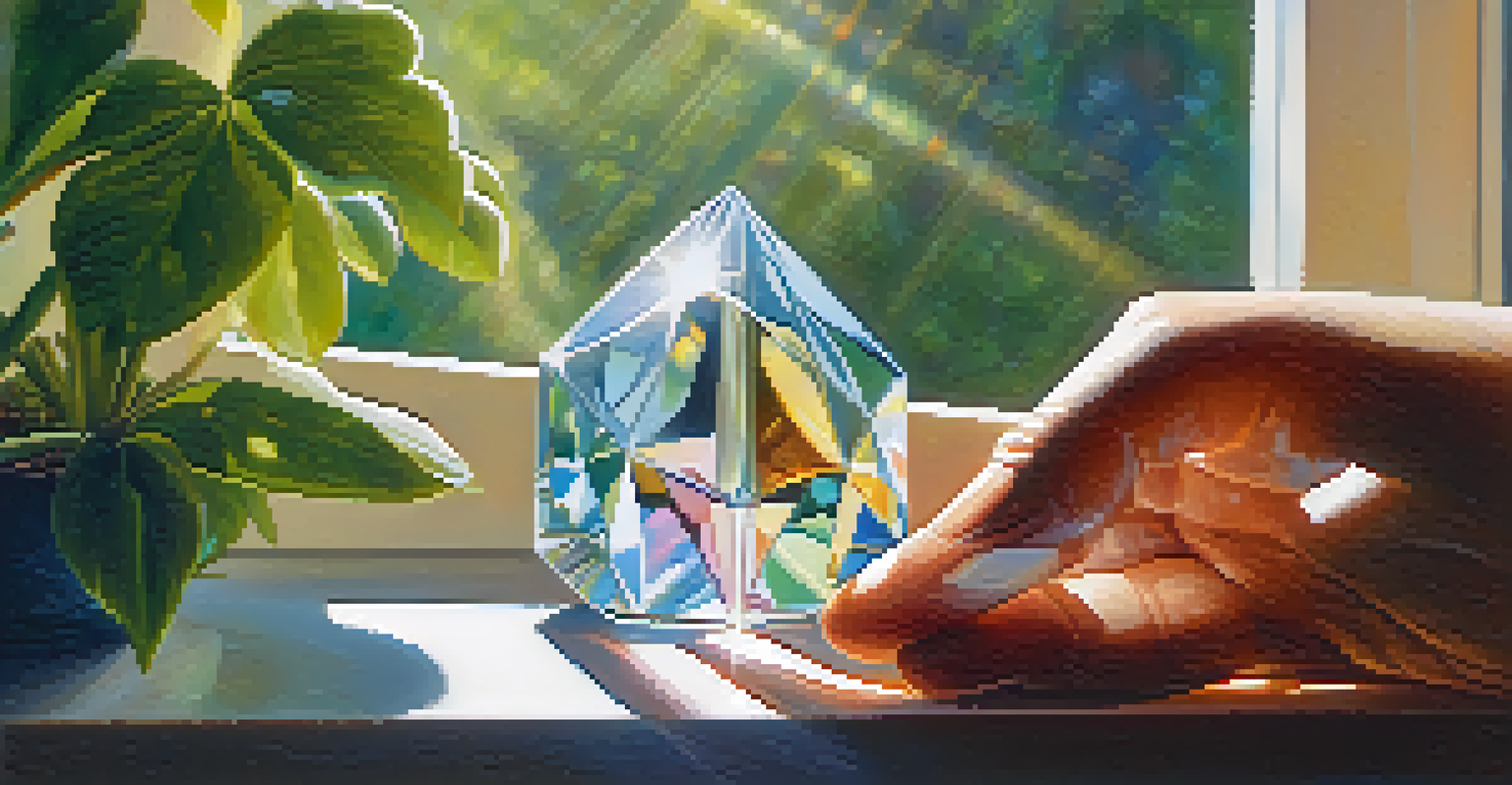 A close-up of a hand holding a crystal with sunlight creating rainbow reflections.