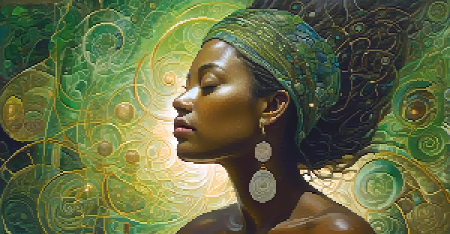 A person experiencing visions of ancestral spirits and healing, surrounded by earthy colors and ethereal light.