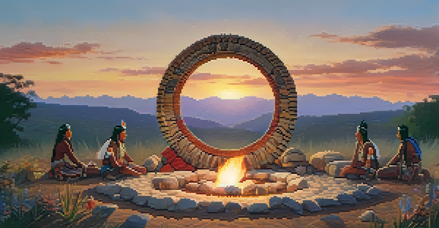 A sacred ceremonial circle in nature with a fire and traditional artifacts surrounded by vibrant sunset colors.