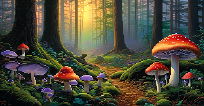 A tranquil forest at twilight featuring colorful mushrooms with warm light filtering through the trees.