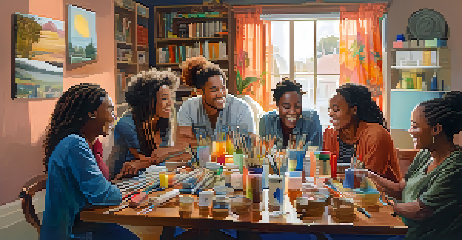 A cozy indoor space with people creating art together, surrounded by colorful artwork and art supplies.