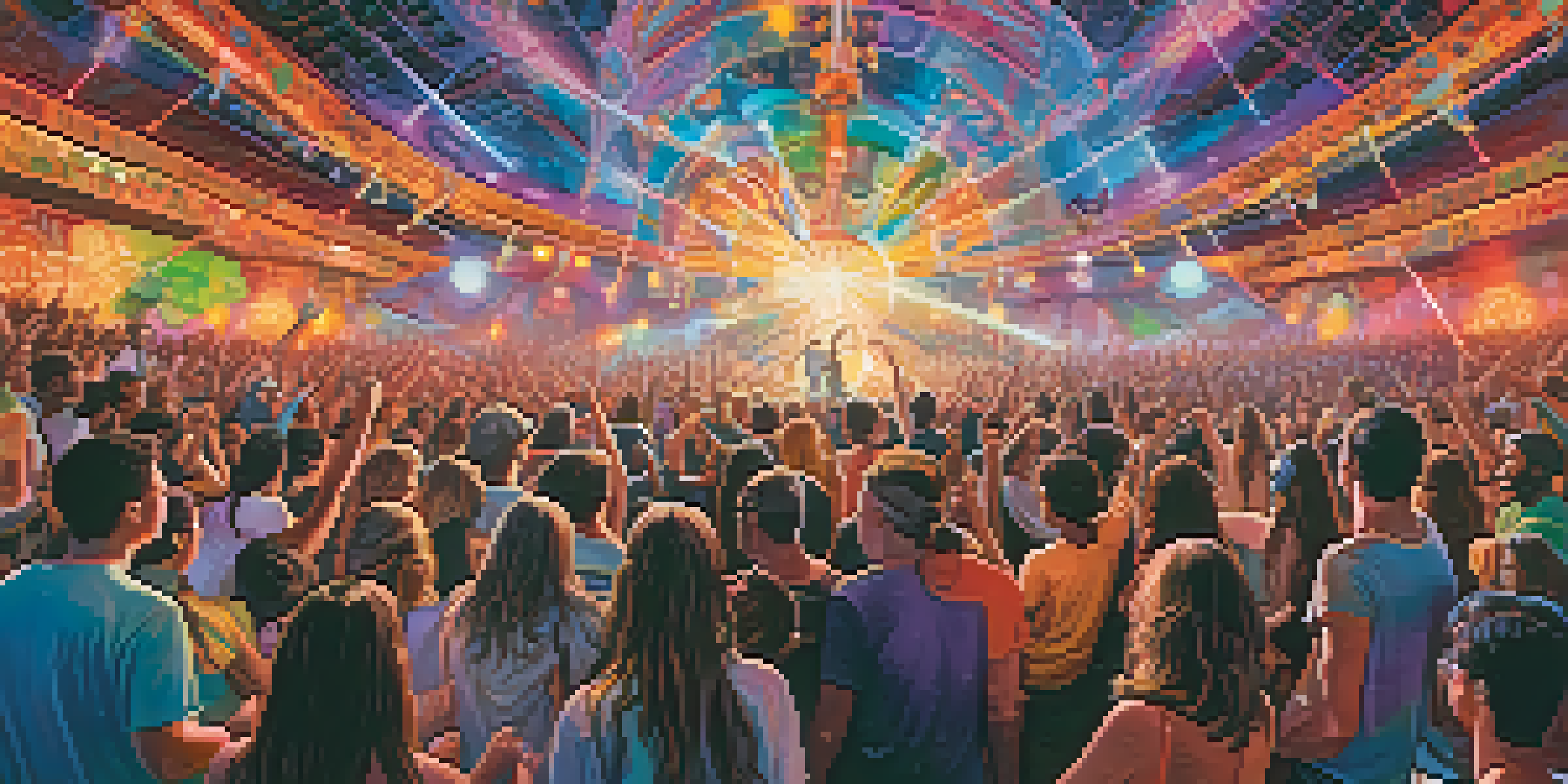 A lively crowd at a psychedelic rock concert, surrounded by colorful lights and visuals, with musicians performing energetically on stage.