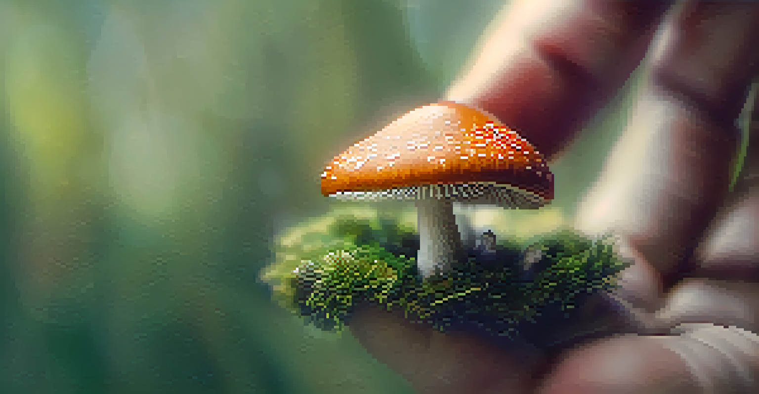 A close-up of a hand showcasing a colorful mushroom, set against a blurred natural backdrop, symbolizing nature's beauty.