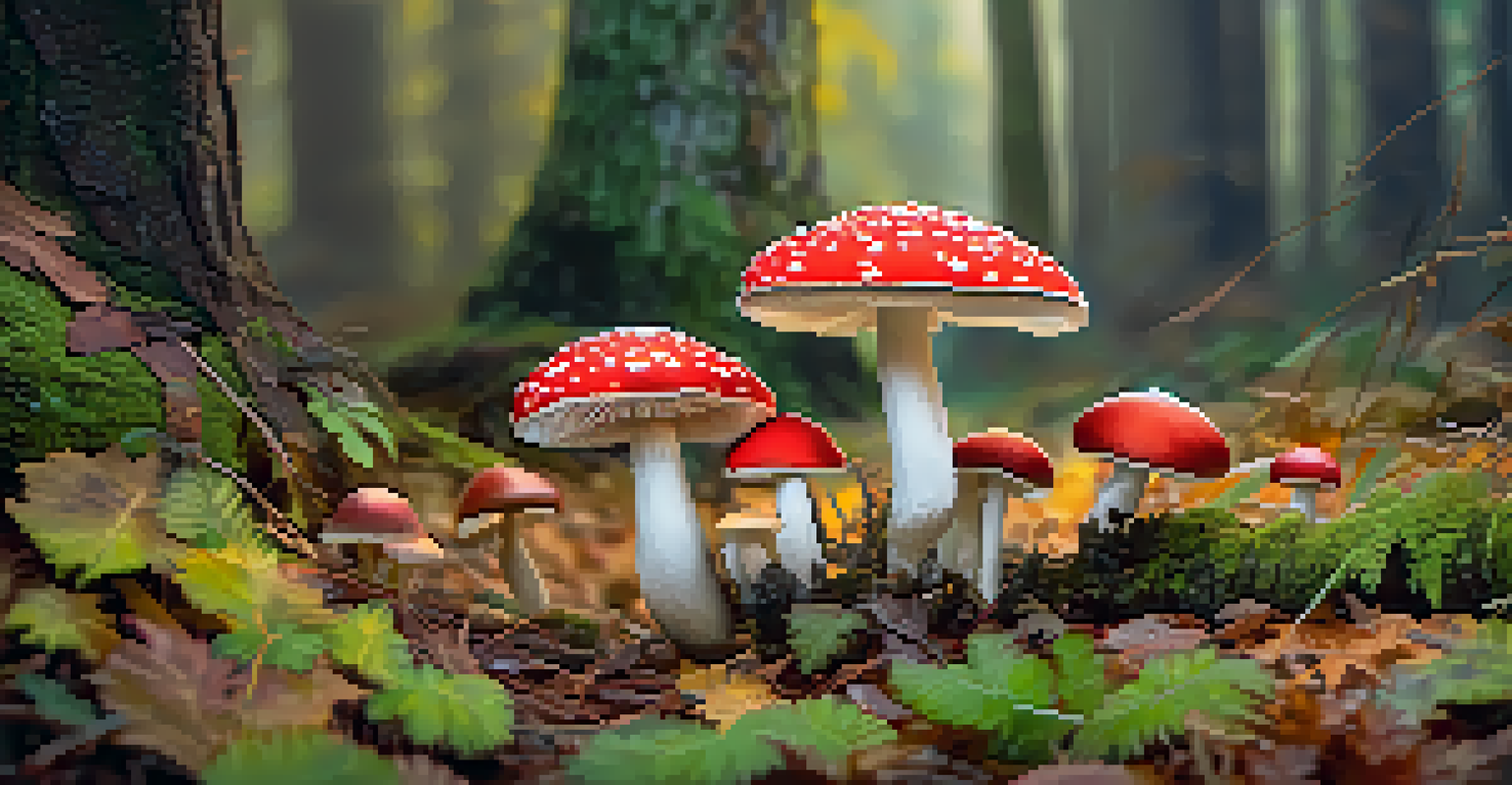 Close-up of a colorful mushroom cluster with intricate patterns on a forest floor, softly blurred background.