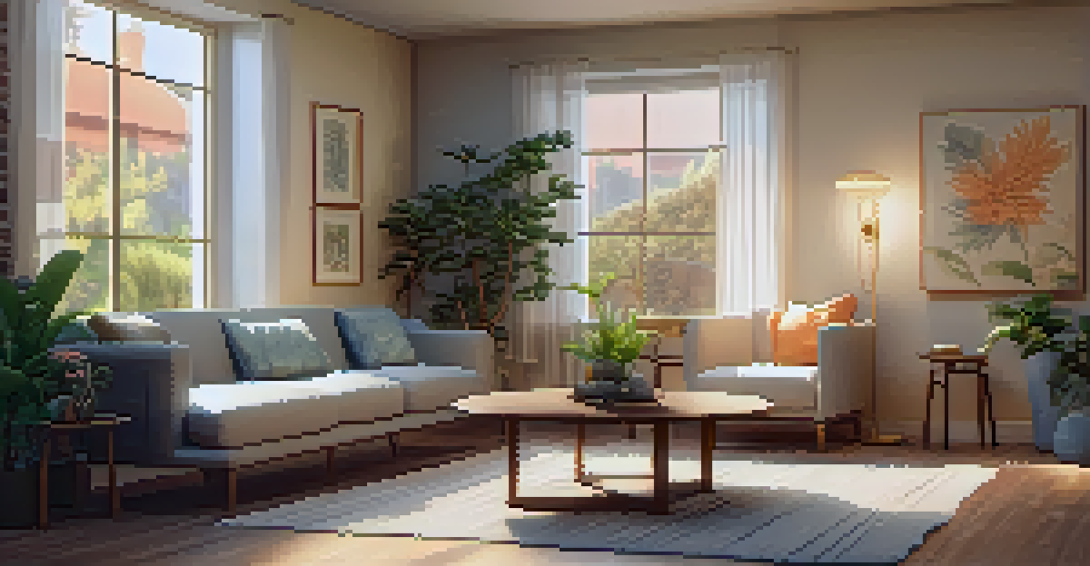 A warm, inviting therapy room with a therapist and client discussing in a comfortable setting, adorned with artwork and plants.