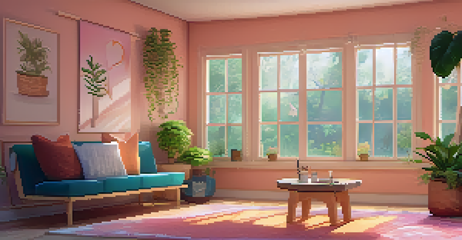 A cozy therapy room for psychedelic therapy with comfortable seating, soft lighting, and calming decorations.