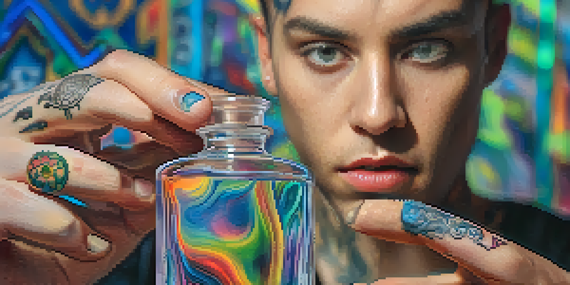 A close-up of a hand holding a glass vial with colorful liquid, with blurred background details.