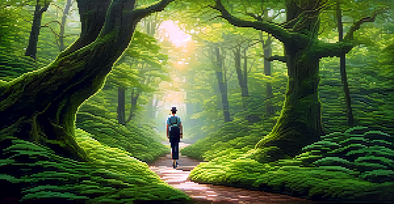 A patient walking along a winding path in a lush green forest, with sunlight filtering through the trees.