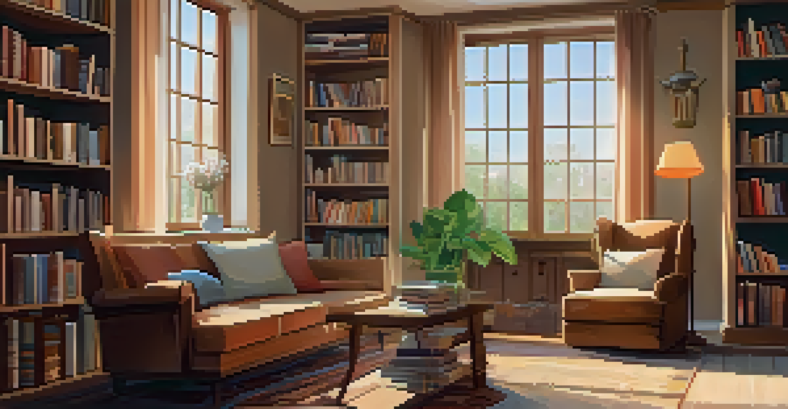 A cozy reading nook with sunlight, an armchair, bookshelves, a cup of tea, and a potted plant.