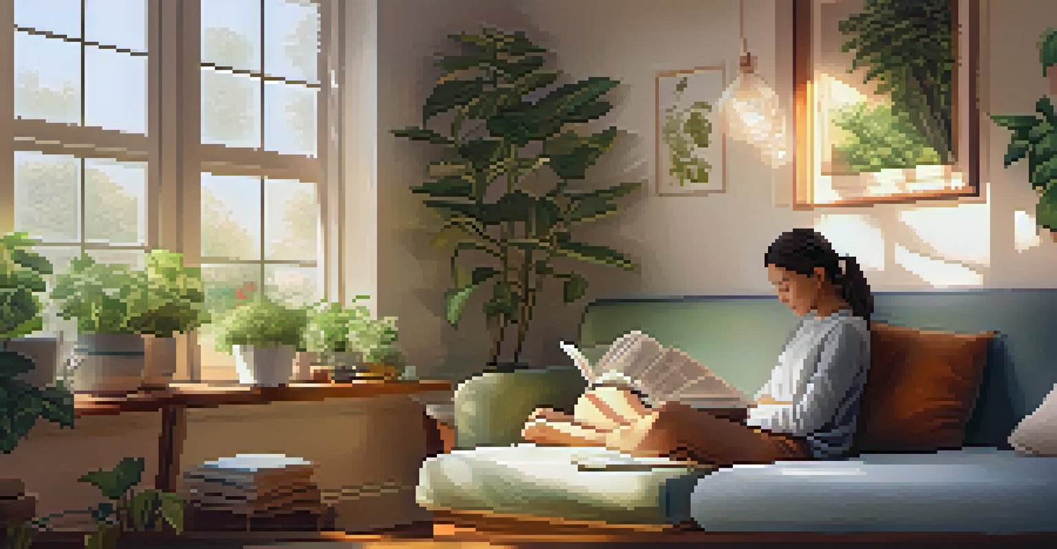 A comfortable indoor space with a person journaling by a window, surrounded by plants and soft light.