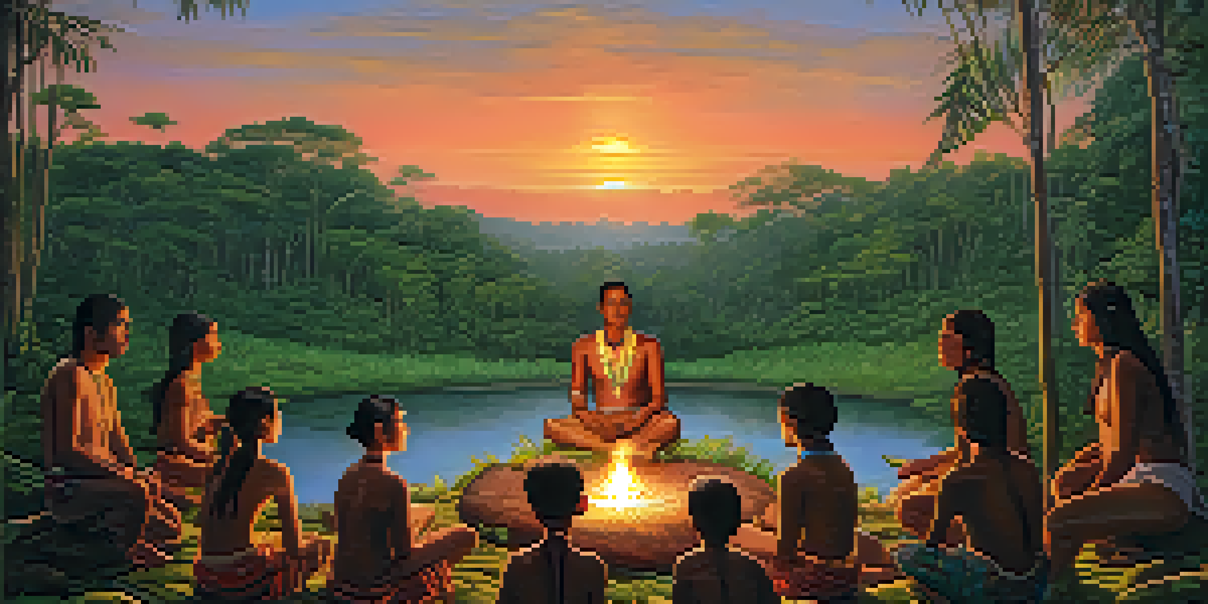A peaceful Amazonian landscape with people in a circle around a fire, engaged in an ayahuasca ceremony during sunset.