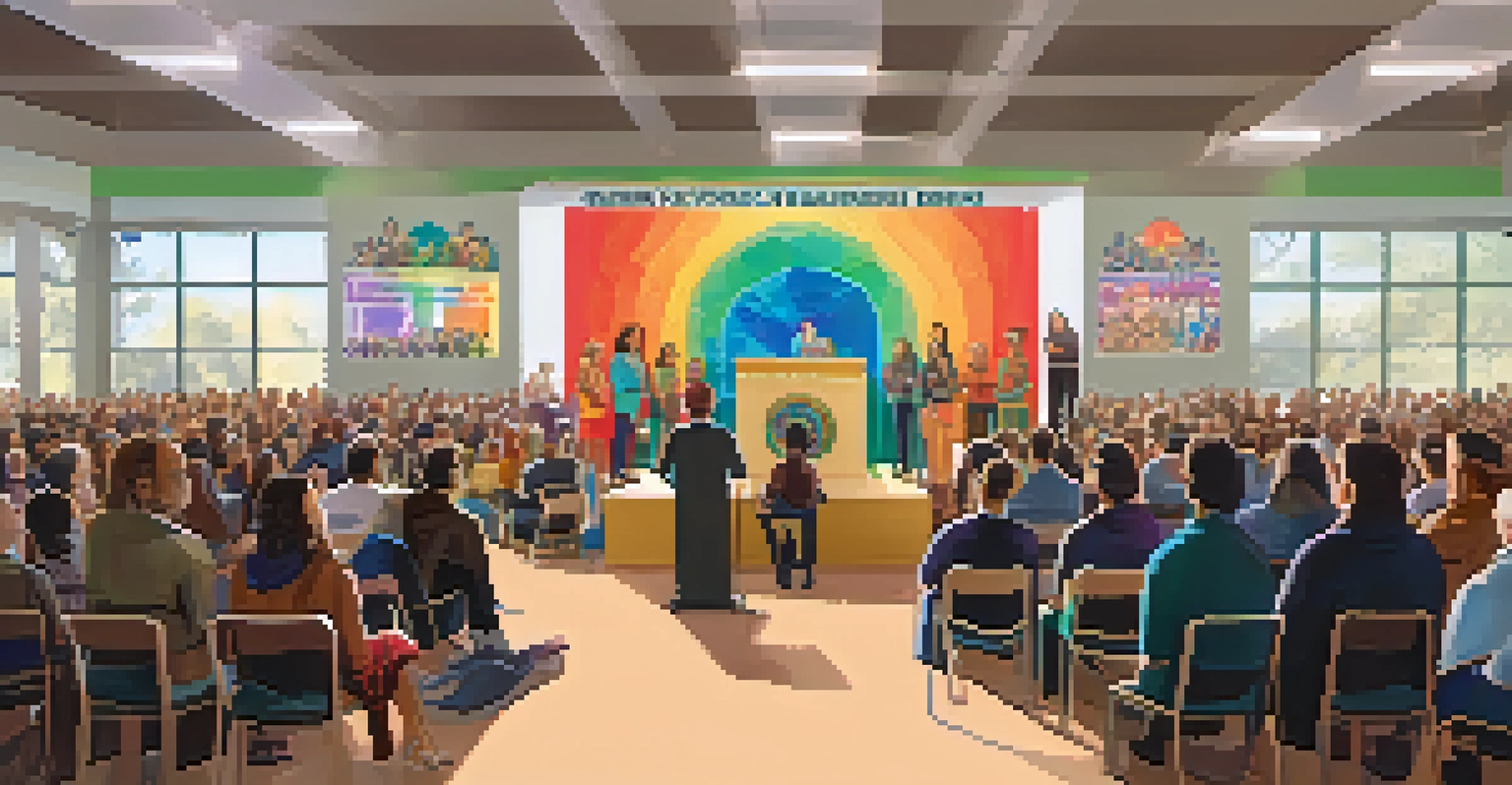 A public seminar on hallucinogen research in a community center, with a speaker at the podium and an engaged audience.