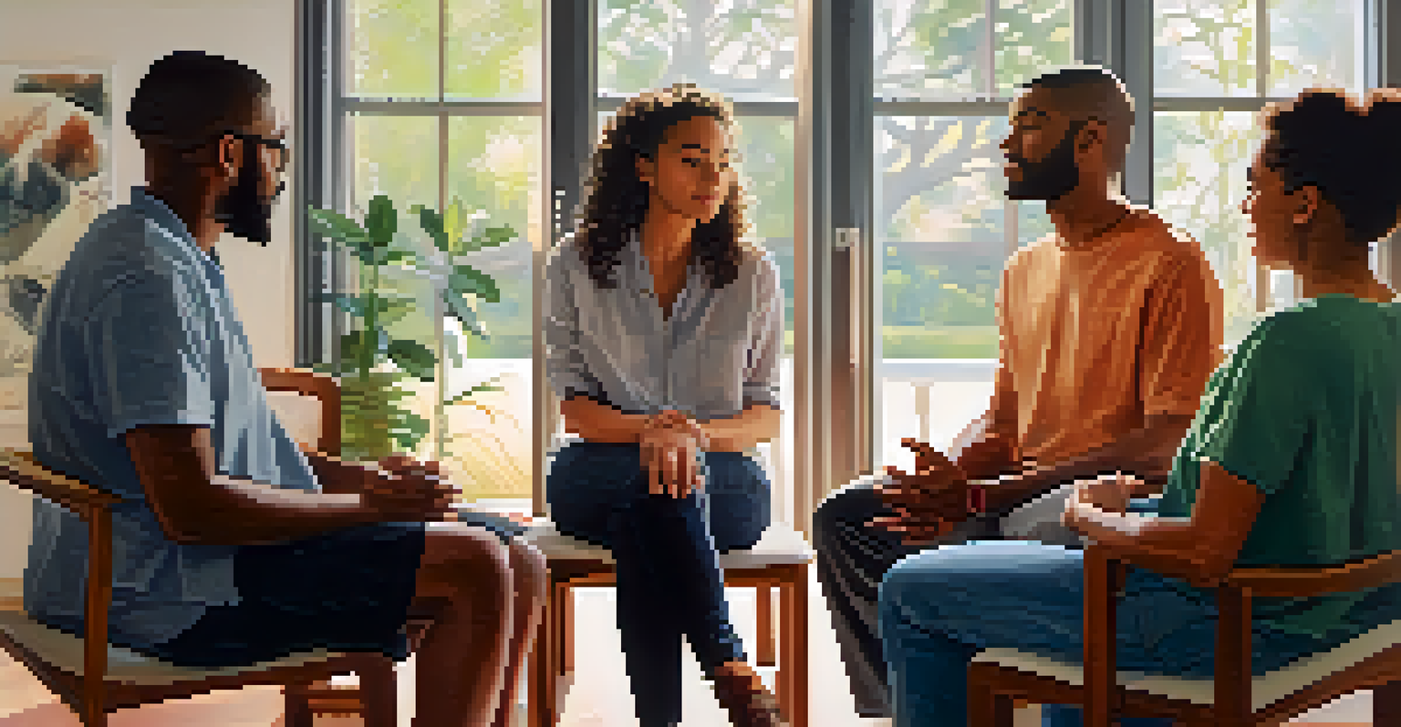 A diverse group of people in a circle during a therapy session, expressing various emotions, with soft light from large windows.