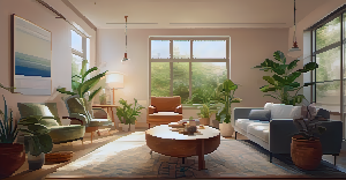 A cozy therapy room with warm lighting, a therapist and patient seated comfortably, surrounded by plants and peaceful decor.