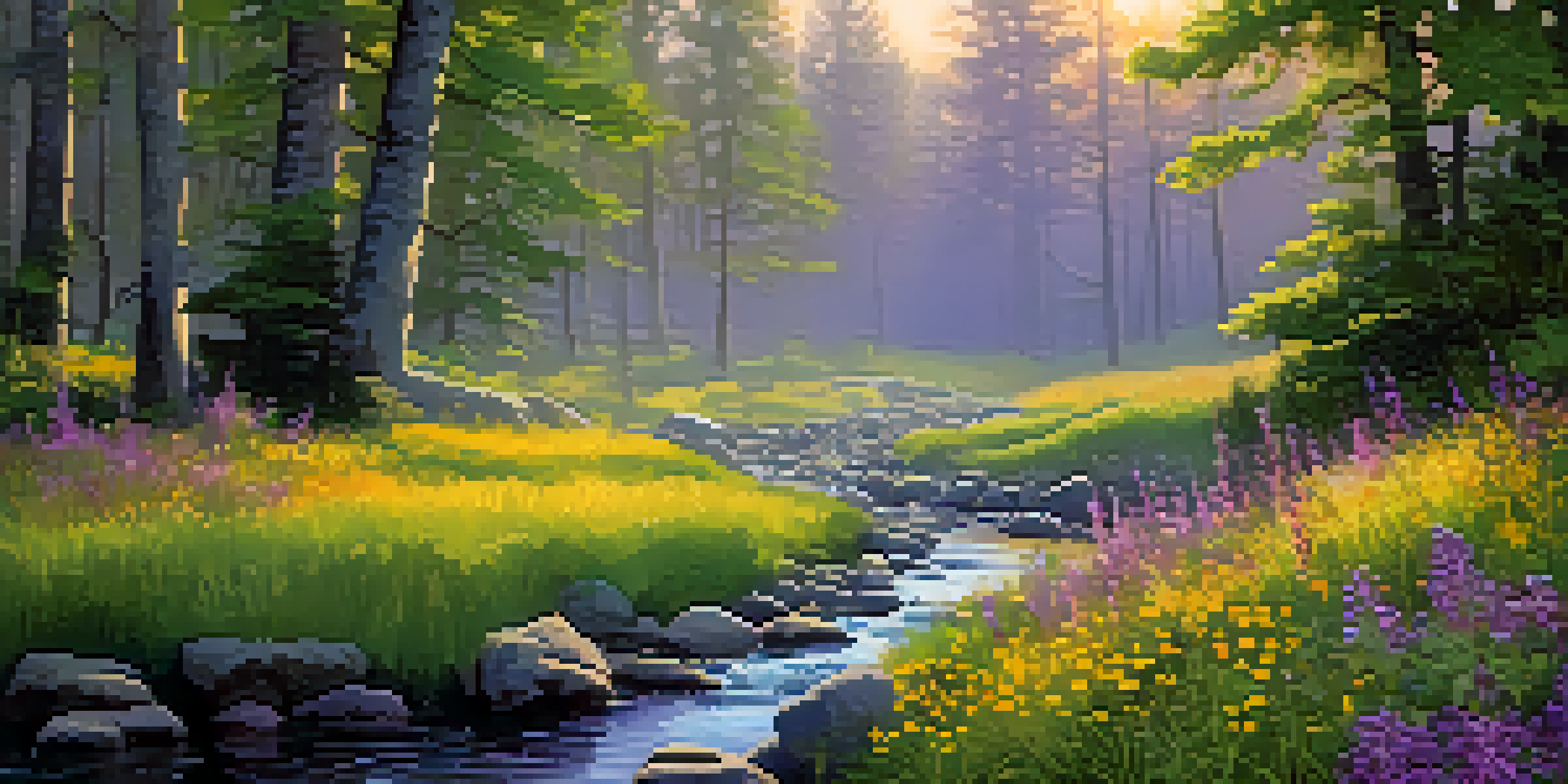 A tranquil forest scene bathed in soft morning light, featuring a stream and blooming wildflowers.