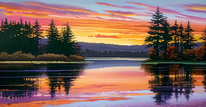 A tranquil lake at sunset, with colorful reflections and silhouetted trees along the shore.