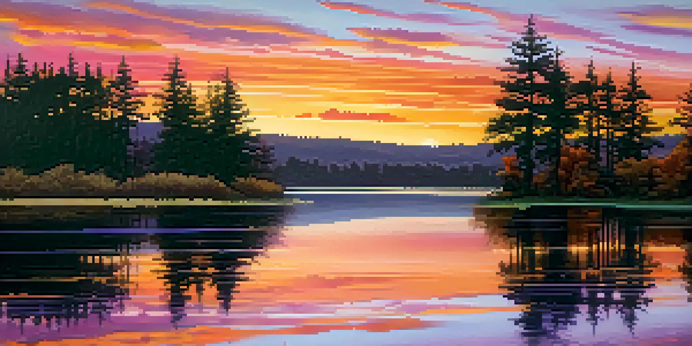 A tranquil lake at sunset, with colorful reflections and silhouetted trees along the shore.
